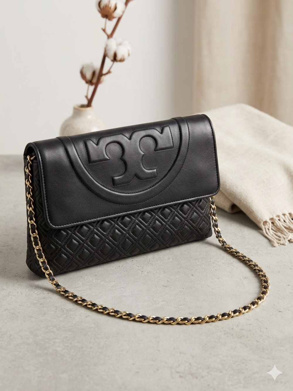 Tory Burch Black Quilted Leather Flap Shoulder Bag with Gold Chain